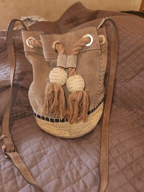 Zara Taupe Suede & Woven Bucket Crossbody with Tassels